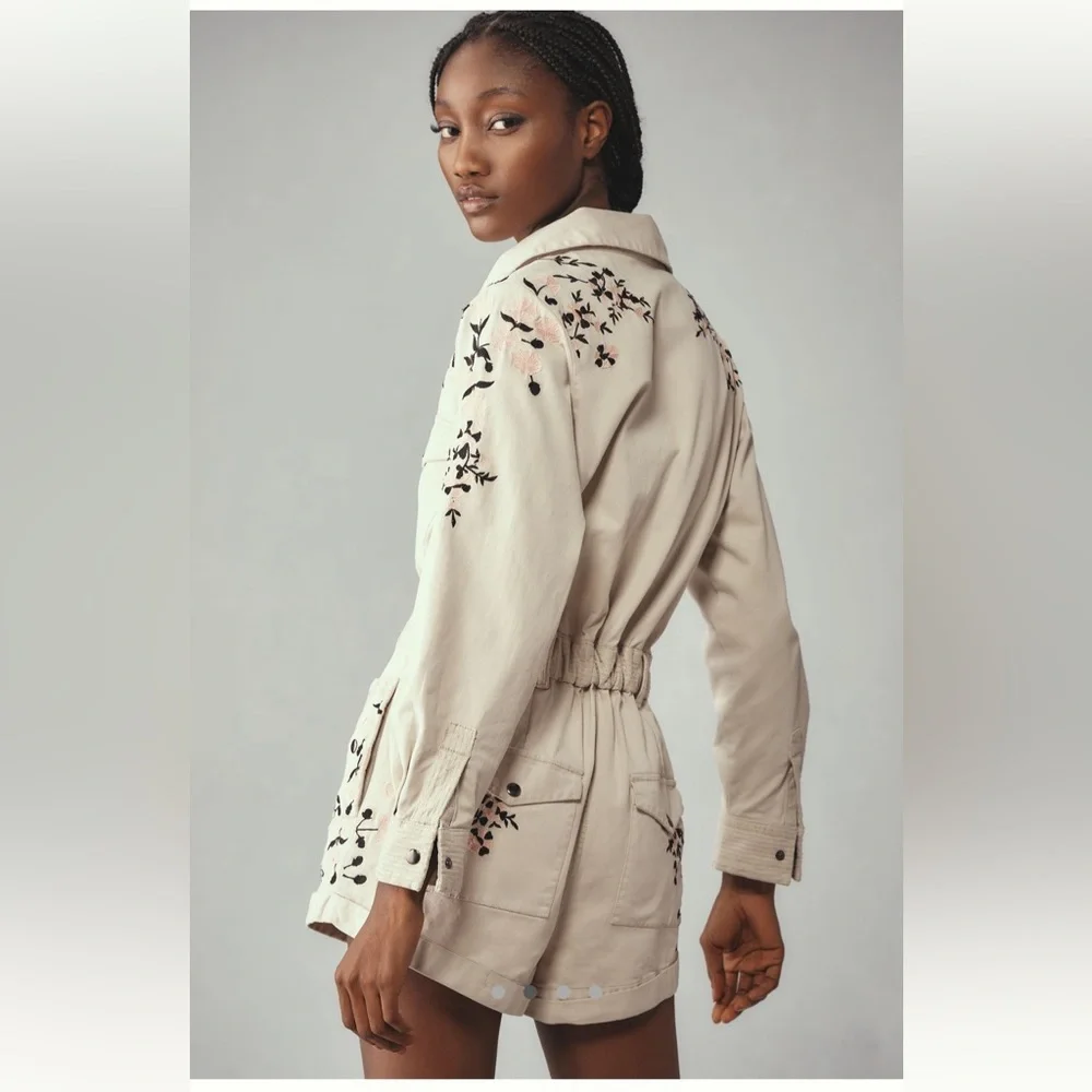 Embroidered Beige Utility Romper